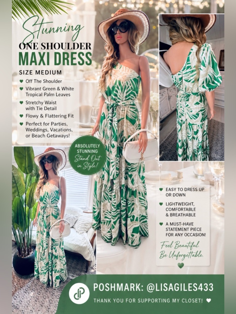 One-Shoulder Green & White Tropical Maxi Dress - Medium